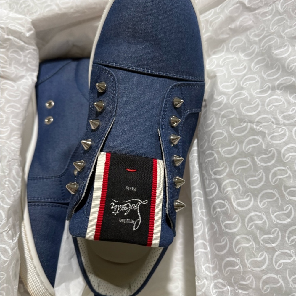 Christian Louboutin Denim/Chambray Sneakers with Silver Spikes, 39.5